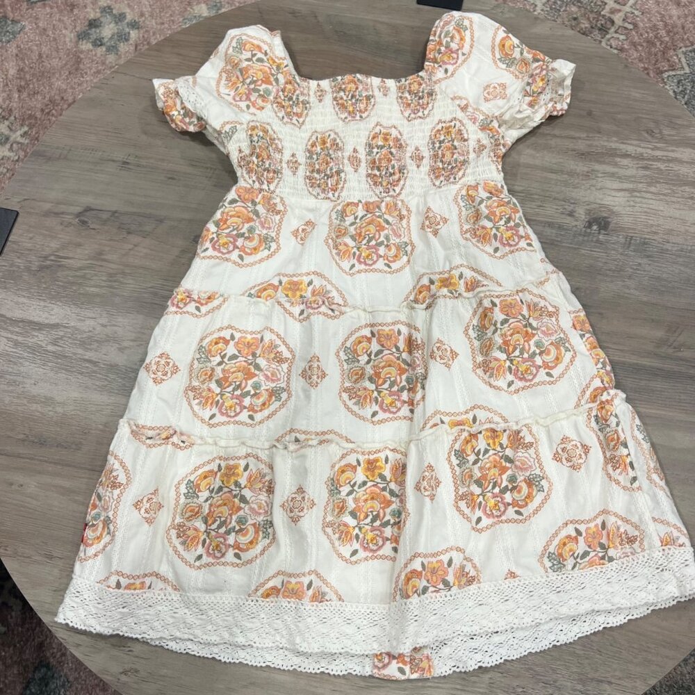 Levis Girls Floral Boho Peasant Dress Size 6 White With Lace Hem Short Sleeves &